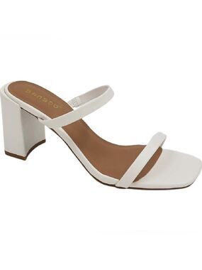 Bamboo Kickback Two Strap Square Toe Low Block Heel Mules Patent White Sandals